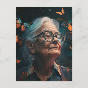 Elderly Woman In Glasses With Butterflies Postcard