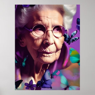 Elderly Woman in Purple With Butterflies Poster