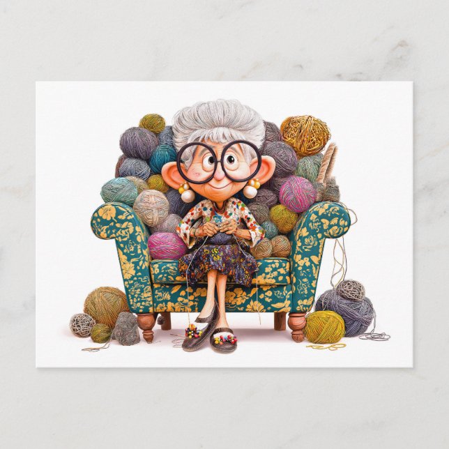 Elderly woman knitting happily surrounded by yarn  holiday postcard (Front)