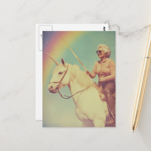 Elderly Woman Riding a Unicorn With a Sword Postcard
