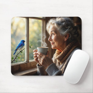 Elderly Woman Watching a Bluebird Mouse Mat
