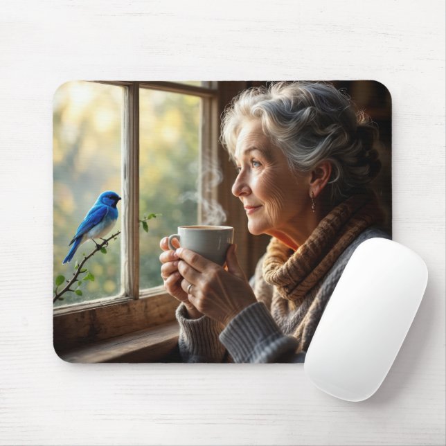 Elderly Woman Watching a Bluebird Mouse Mat (With Mouse)