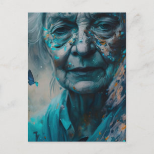 Elderly Woman With Blue Butterflies Postcard