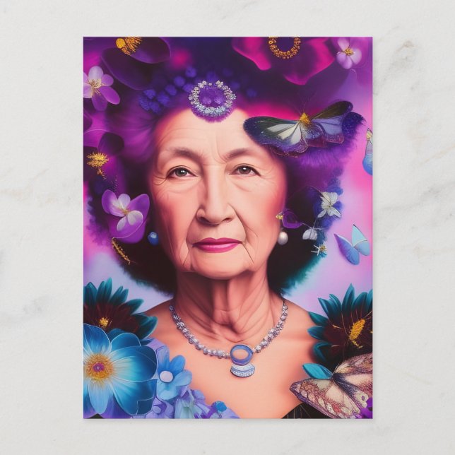 Elderly Woman With Butterflies and Flowers Postcard (Front)