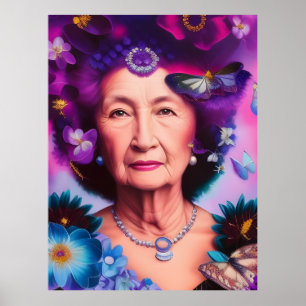 Elderly Woman With Butterflies and Flowers Poster