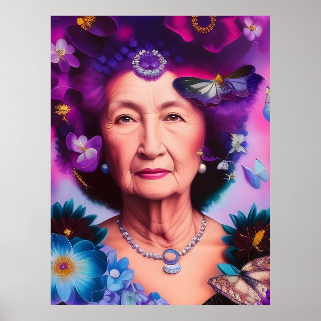 Elderly Woman With Butterflies and Flowers Poster (Front)