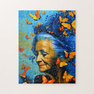 Elderly Woman With Butterflies Jigsaw Puzzle