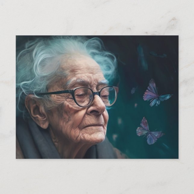 Elderly Woman With Butterflies Postcard (Front)
