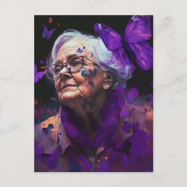 Elderly Woman With Butterflies Postcard (Front)