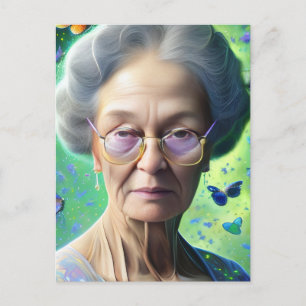 Elderly Woman With Butterflies Postcard