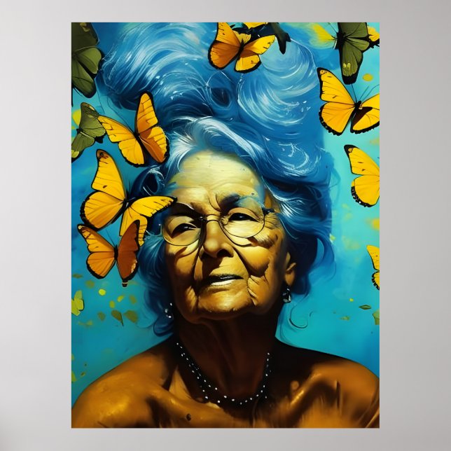 Elderly Woman With Butterflies Poster (Front)
