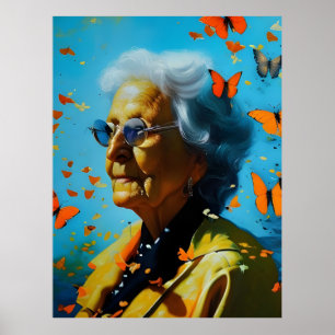 Elderly Woman With Butterflies Poster