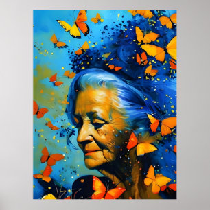 Elderly Woman With Butterflies Poster