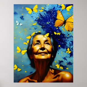 Elderly Woman With Butterflies Poster