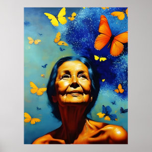 Elderly Woman With Butterflies Poster