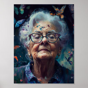 Elderly Woman With Butterflies Poster