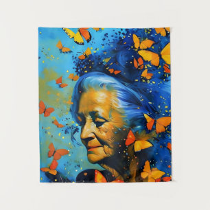 Elderly Woman With Butterflies Tapestry