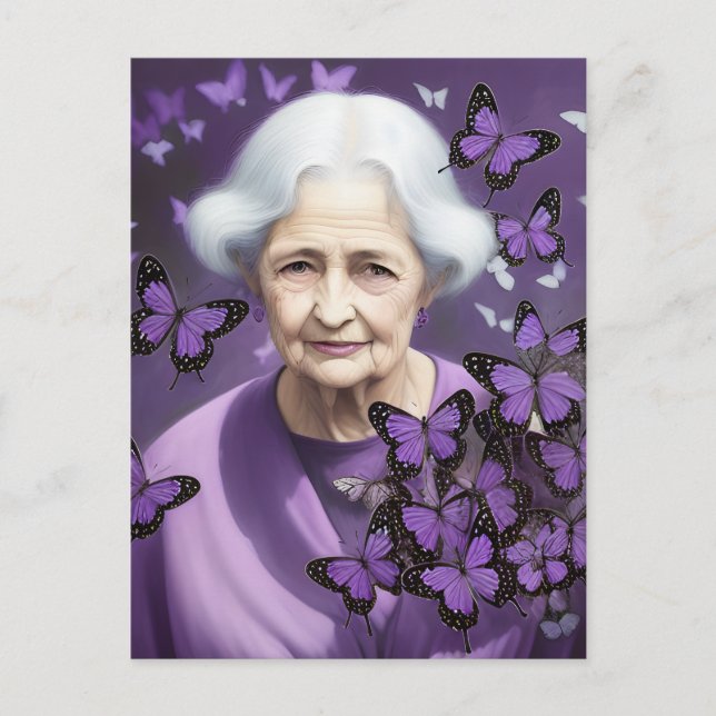 Elderly Woman With Purple Butterflies Postcard (Front)
