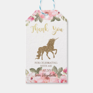 Eleagant Gold Glitter Unicorn, Floral Baby Shower Gift Tags