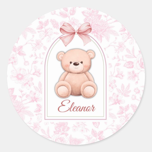 Eleanor | Custom Pink Teddy Bear Nursery Design  Classic Round Sticker (Front)
