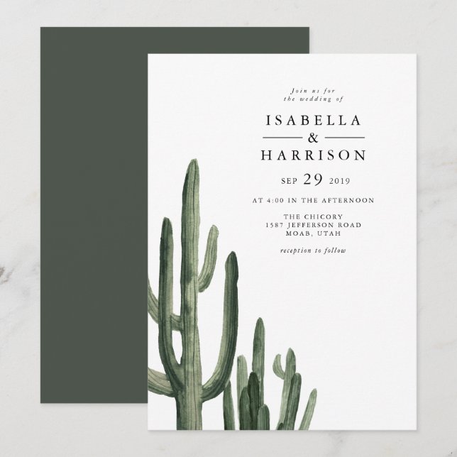 Eleanor - Minimal Saquaro Cactus Desert Wedding In Invitation (Front/Back)