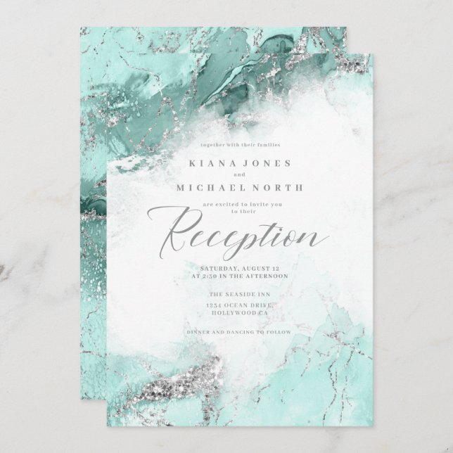 Eleanor Rogers Marble Glitter Receptio Teal  ID644 Invitation (Front/Back)