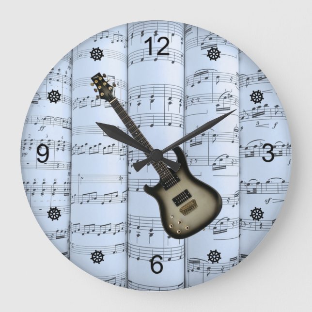 Elec Guitar~Rolled Sheet Music~Blue Tint Back ~   Large Clock (Front)
