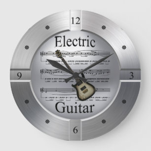 Elec Guitar~Sheet Music~Brushed Silver Colour~ Large Clock
