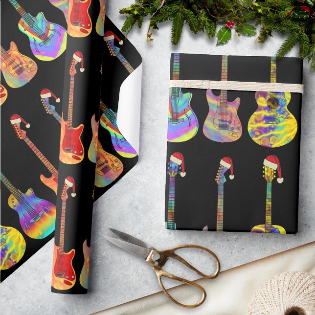 Electric Acoustic Guitars Colourful Christmas  Wrapping Paper (Christmas guitars wearing santa hats pattern black holiday wrapping paper for guitarist musicians )