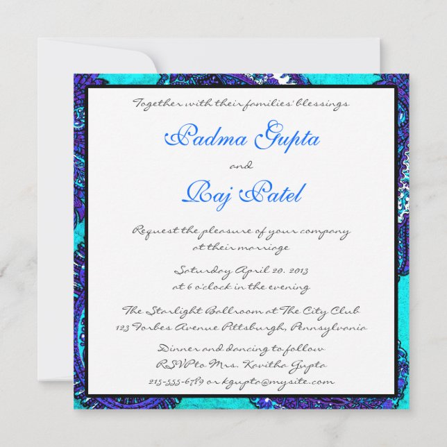 Electric Aqua Paisley Wedding Invitation (Back)