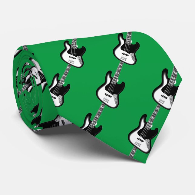 Electric Base Guitar Pattern Black / White w Green Tie (Rolled)