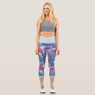 Electric Bloom: Glossy Blue and Pink floral Capri Leggings