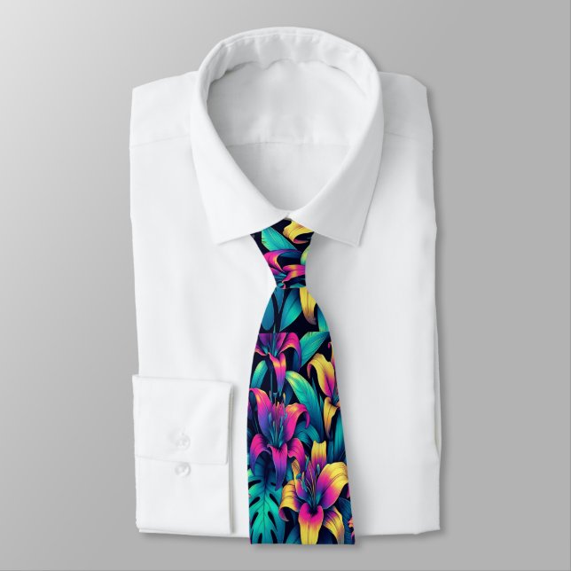 Electric Blooms in Neon Floral Symphony Tie (Tied)