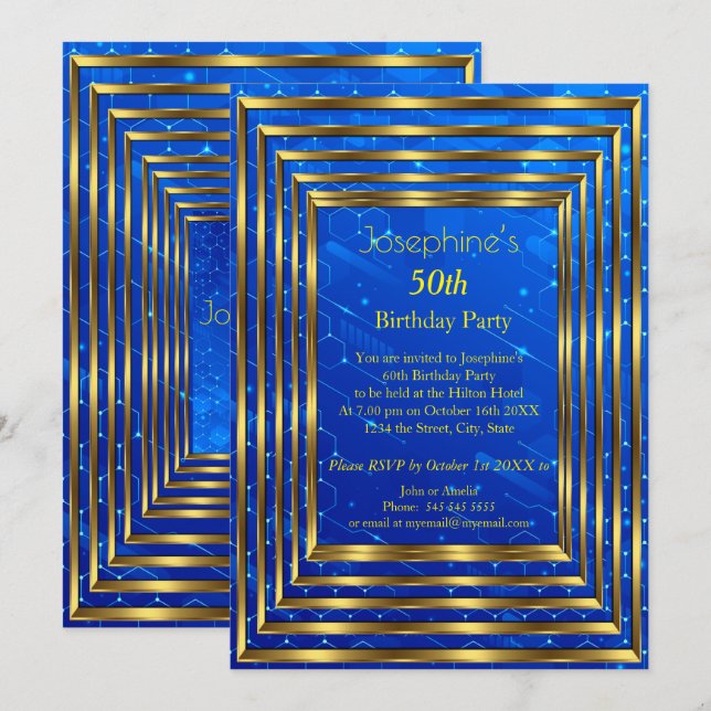 Electric Blue 50th Birthday Party Gold Invitation (Front/Back)