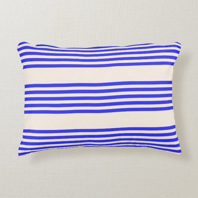 Electric blue and beige five stripe pattern decorative cushion (Front)