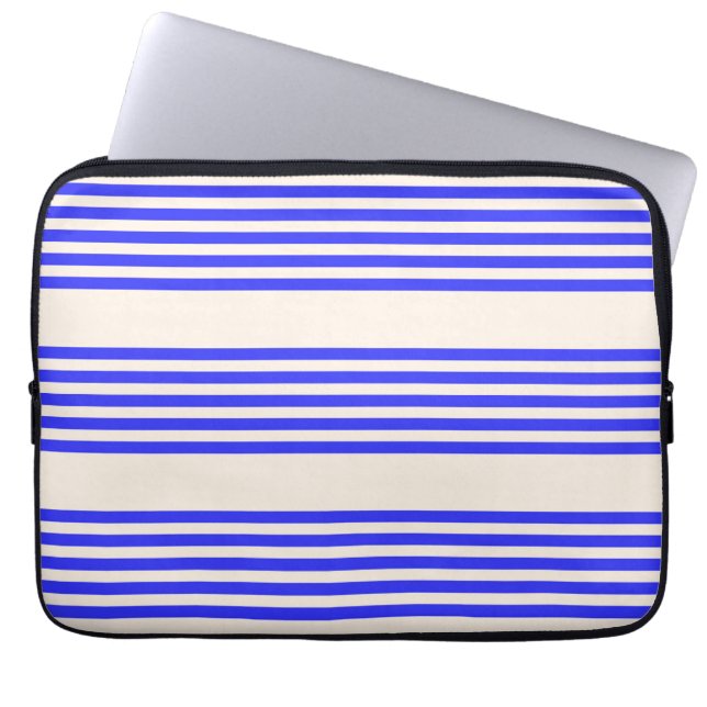 Electric blue and beige five stripe pattern laptop sleeve (Front)