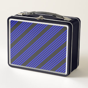 Electric blue and charcoal five stripe pattern metal lunch box