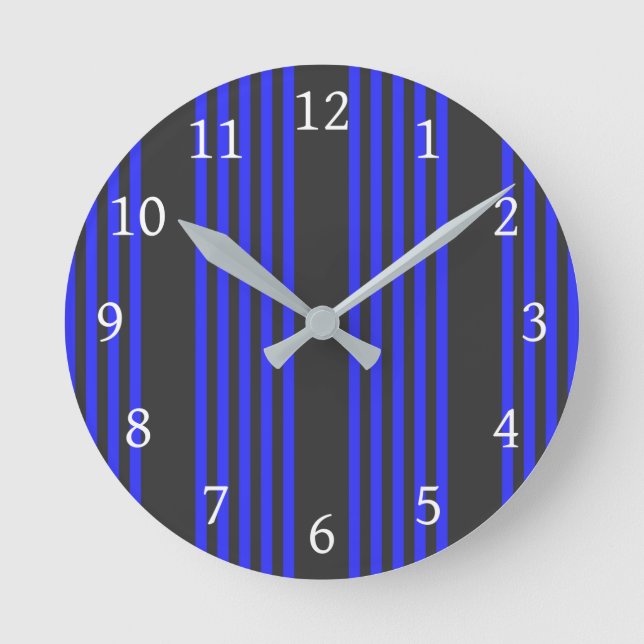 Electric blue and charcoal five stripe pattern round clock (Front)