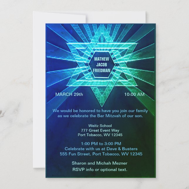 Electric Blue  and Green Bar Mitzvah Invitation (Front)