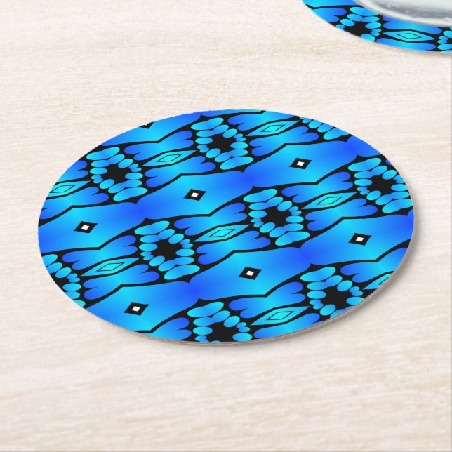 Electric blue aqua black geometric kitchen  round paper coaster (Angled)