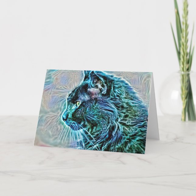 Electric Blue Artsy Cat Blank Note Card (Front)