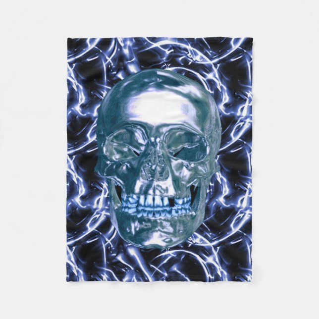 Electric Blue Chrome Skull Fleece Blanket (Front)