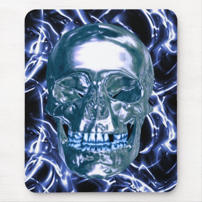 Electric Blue Chrome Skull Mouse Pad (Front)