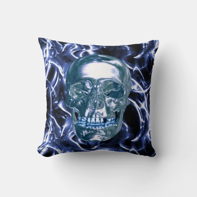 Electric Blue Chrome Skull Reversible Pillow (Front)