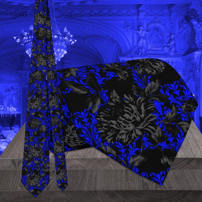 Electric Blue Damask Black Floral Wedding Neck Tie (Creator Uploaded)