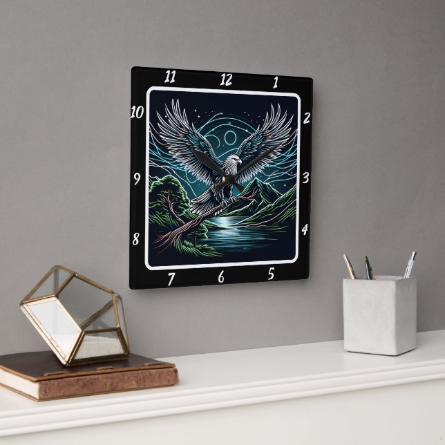 Electric Blue Eagle Timepiece Square Wall Clock (Office)