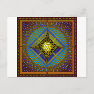 Electric Blue Energy Bursts Mandala Design Gold Sq Postcard