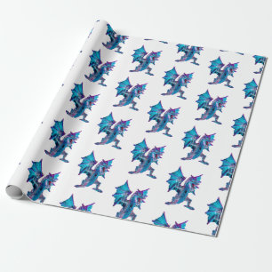 Electric Blue Fire Dragon Bright Artistic Creature Wrapping Paper