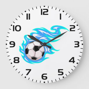 Electric Blue Flaming Soccer Ball Sports Large Clock