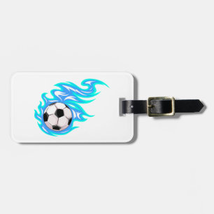 Electric Blue Flaming Soccer Ball Sports Luggage Tag